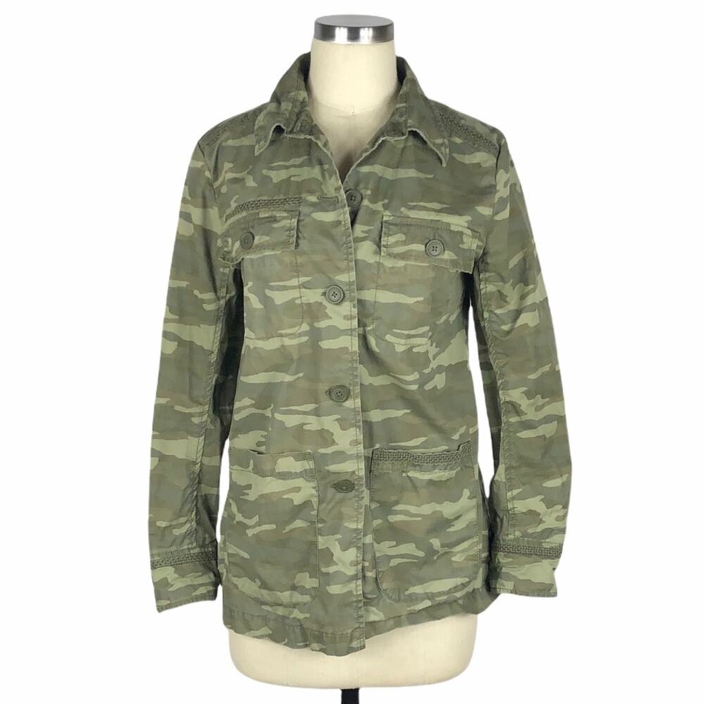 CASLON‎ Green Utility Coat Camouflage Button Down Jacket Embroidered S Collared